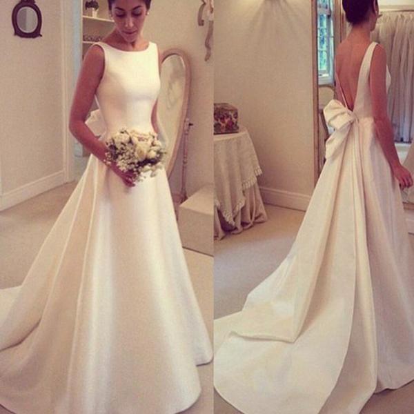Wedding - Elegant A-line Simple Open Back Bowknot Sweep Train Wedding Dresses, WD0113