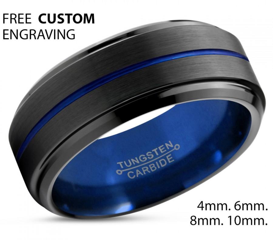 Mariage - Tungsten Ring Mens Blue Black Wedding Band Tungsten Ring Tungsten Carbide 8mm Tungsten Man Wedding Male Women Anniversary Matching