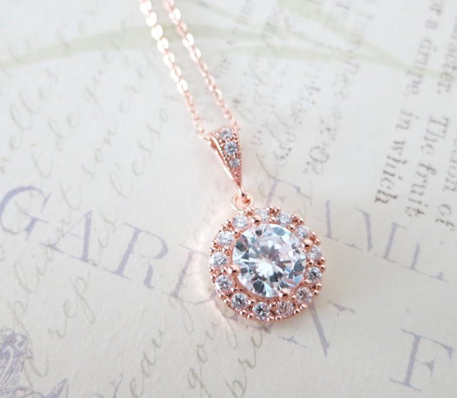 زفاف - Rose Gold FILLED chain with Luxe Cubic Zirconia Round Drop necklace, Halo style crystal necklace, Wedding Bridal bridesmaid necklace