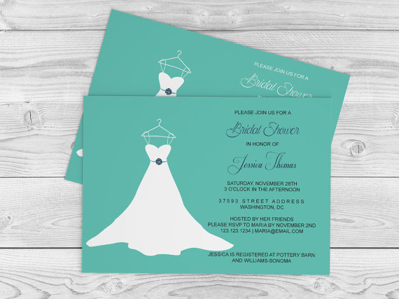 Wedding - Wedding Gown Bridal Shower Invitation Template - 5x7 Teal & Navy Wedding Dress Bridal Shower Editable PDF Templates - DIY You Print