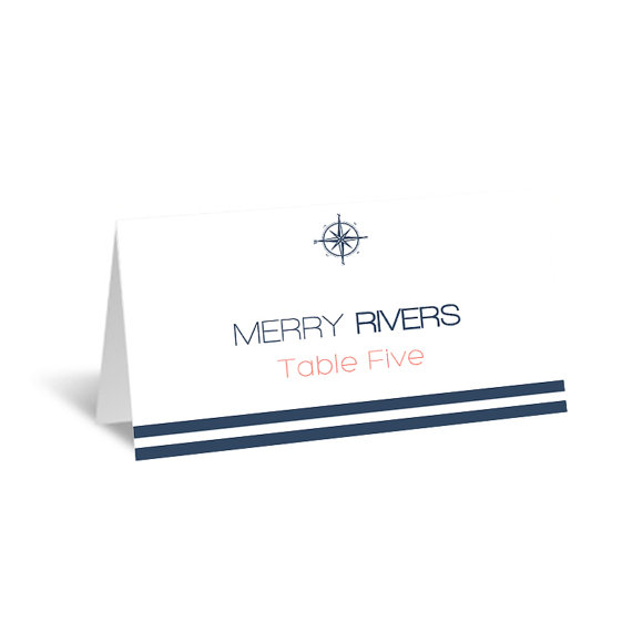 Wedding - Nautical Wedding Place Card Template - Foldover Navy Compass Striped Printable Escort Card Editable PDF Template Download - DIY You Print