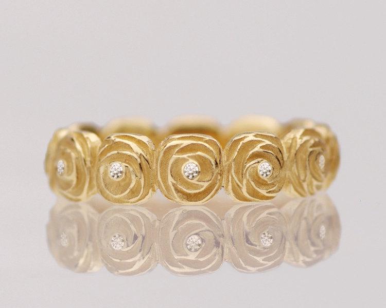 زفاف - Floral wedding band, rose diamond ring, floral diamond ring, rose and diamond ring, unique eternity ring, sculpted flower ring