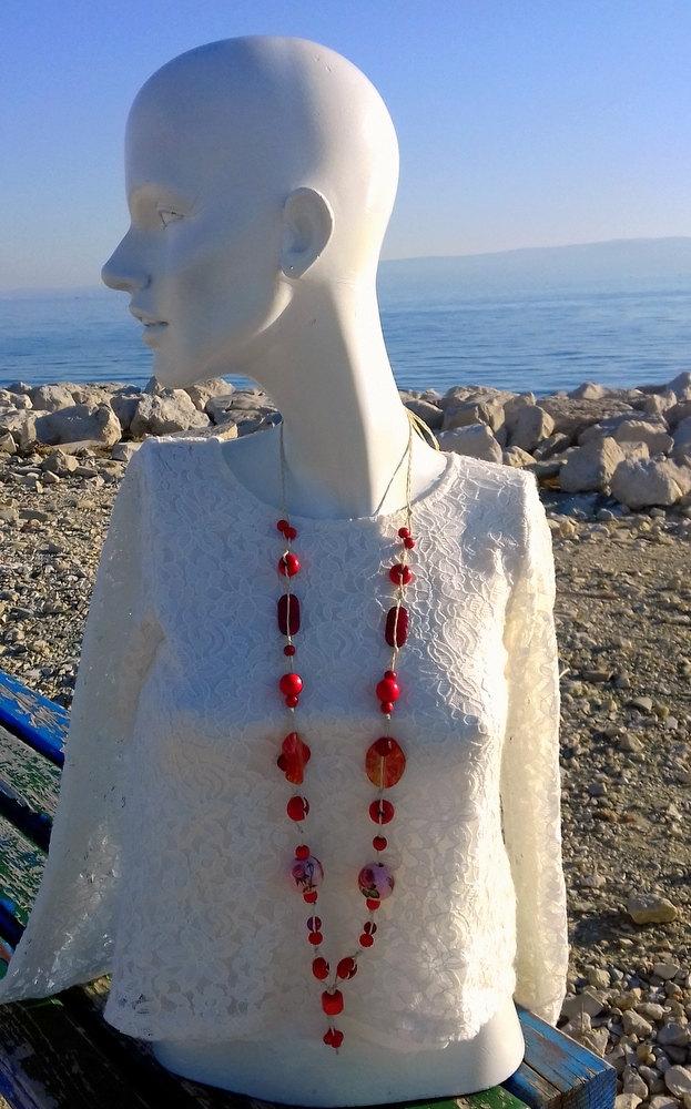 Свадьба - Valentine's gift for woman, Valentines necklace, red necklace, rope necklace, natural, eco friendly, antialergic, gift for wife, mixed media