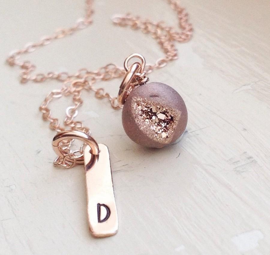 Wedding - Rose Gold Initial Bar Necklace Druzy Agate Monogram Name Gift for Mom Teen Bridesmaid Bridal Personalized Unique Rose Gold Jewelry