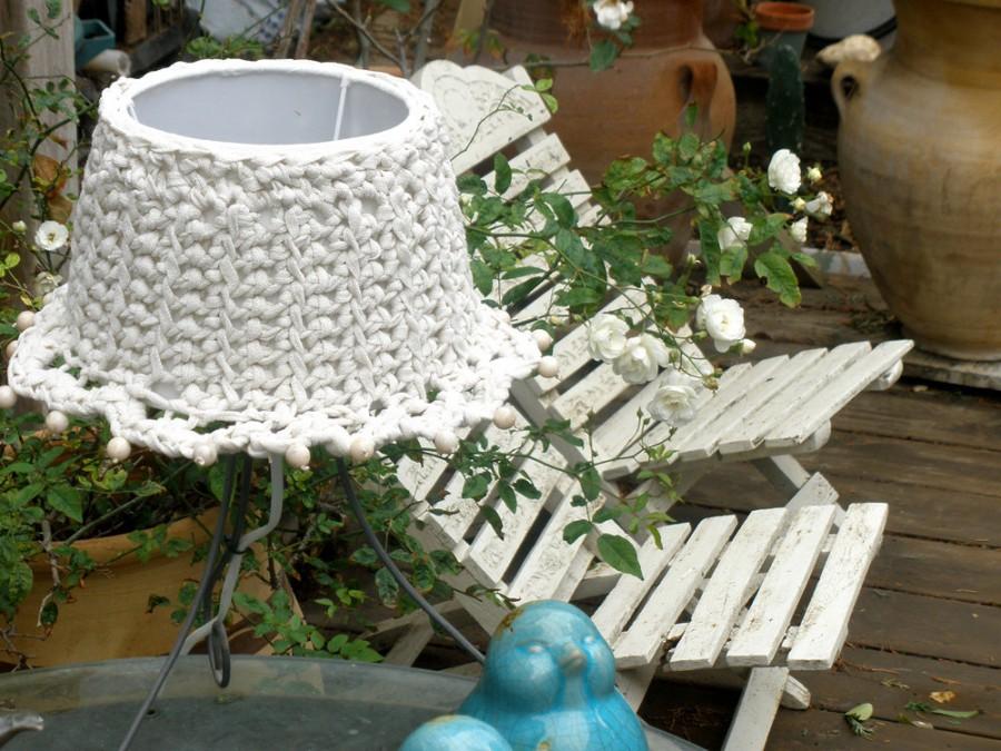 Wedding - Table lamp, Drum lamp shade, Knitted fabric embellished decor from cream natural cotton, Desk lamp, Bedside lamp, Country home decor.