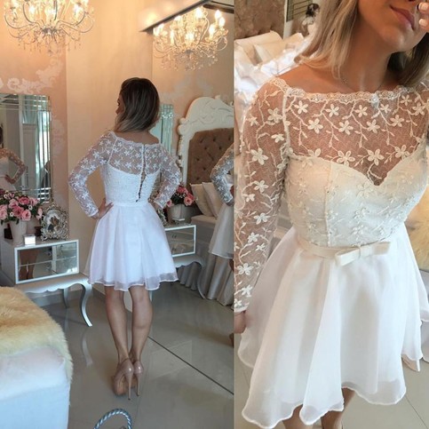 Wedding - Awesome Bateau Long Sleeves Short White Organza Homecoming Dress with Bowknot Lace from Dressywomen