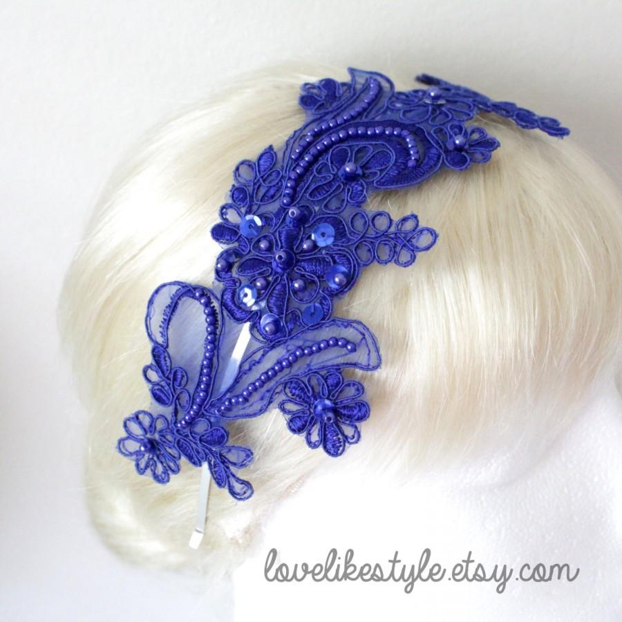 Mariage - Blue Beaded  Lace Headband , Bridal Royal Blue LAce Headband, Blue Lace Head Piece