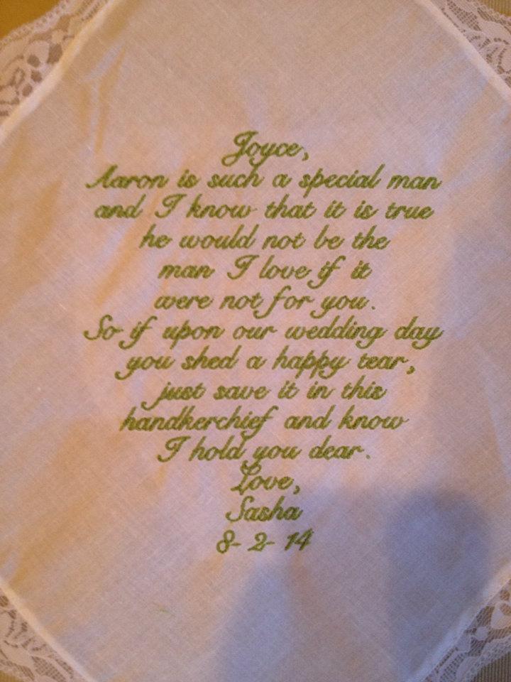Mariage - Mother of the GROOM LACE Heirloom Personalized Wedding Handkerchief Custom Embroidered