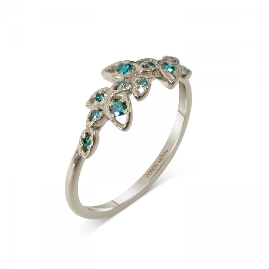 زفاف - Diamond Art Deco Petal Engagement Ring - 18K White Gold and Blue Diamonds engagement ring, leaf ring, flower ring, vintage, halo ring, 11