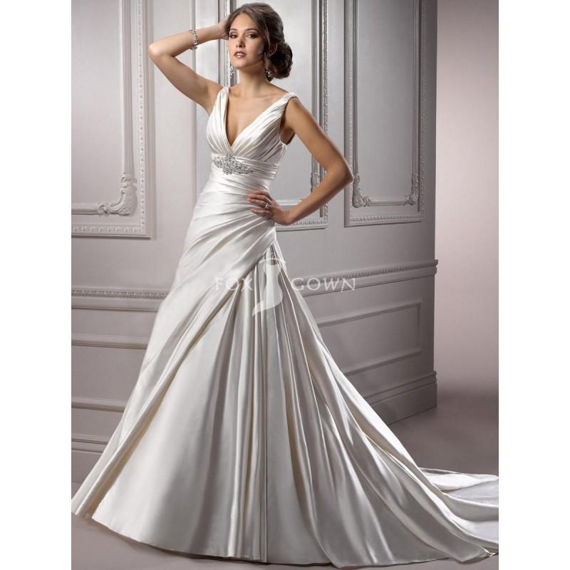 Hochzeit - Weiche Satin a-Linie ärmelloses Brautkleid mit tiefem V-Ausschnitt und Kristall Brosche - Festliche Kleider 
