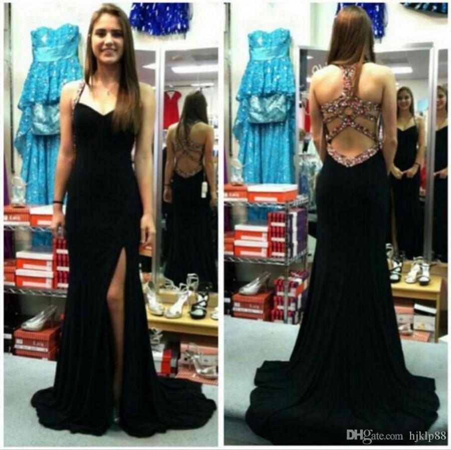 Wedding - New Spaghetti Crystal Long Chiffon Black Backless Prom Dresses Sexy Side Slit Prom Dress Sweetheart Evening Dresses Cheap Evening Dresses Two Pieces Evening Dresses 2016 Evening Dresses Online with 131.43/Piece on Hjklp88's Store 