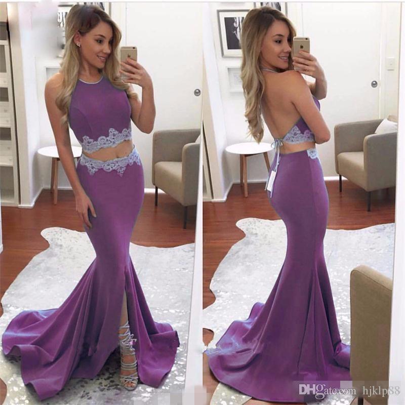 Wedding - 2017 Arabic Sexy Backless Two Pieces Mermaid Prom Dresses with Sweep Train Purple Appliques Pageant Party Gowns Robe De Soiree Evening Gowns Cheap Evening Dresses Two Pieces Evening Dresses 2016 Evening Dresses Online with 128.0/Piece on Hjklp88's Store 