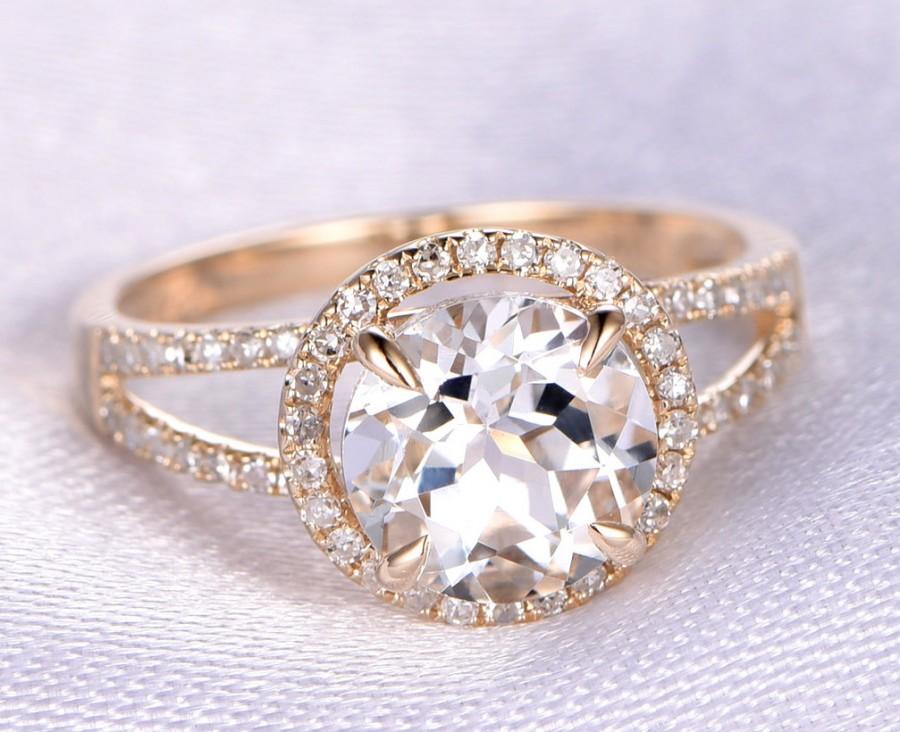 زفاف - 2.3ct White Topaz Engagement ring,solid 14k yellow gold,8mm Round cut stone,diamond Bridal Ring,wedding band,Halo,stack,Personalized for her