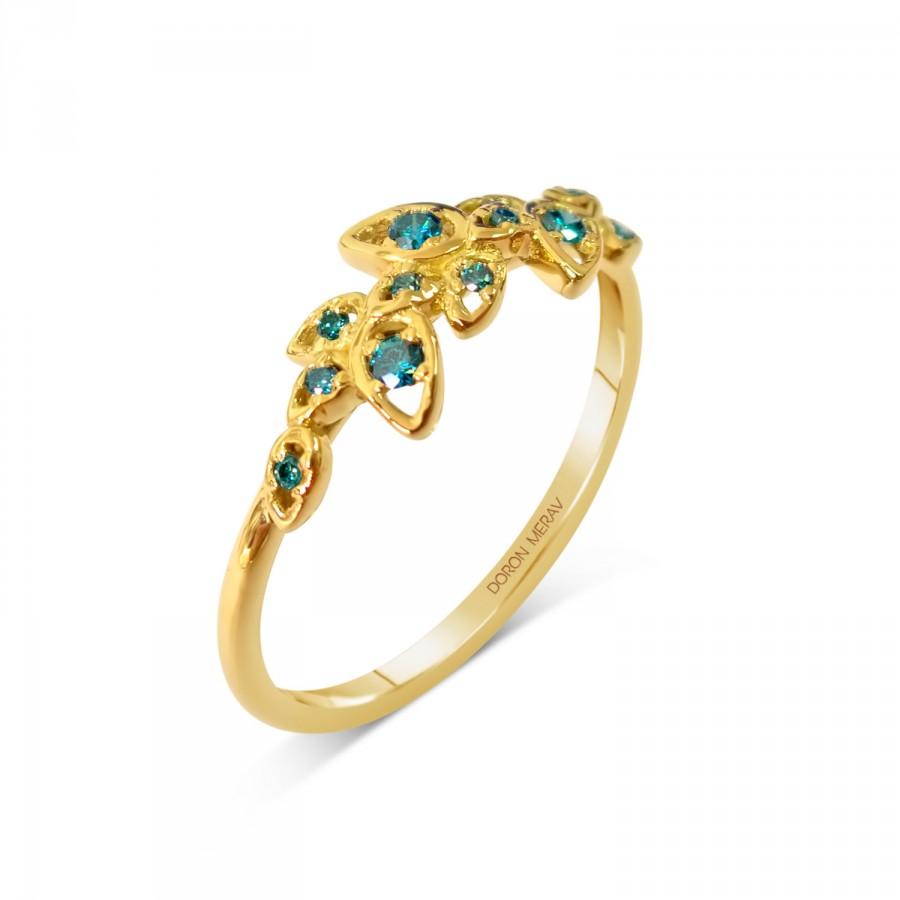 Mariage - Diamond Art Deco Petal Engagement Ring - 18K Gold and Blue Diamonds engagement ring, leaf ring, flower ring, vintage, halo ring, 11