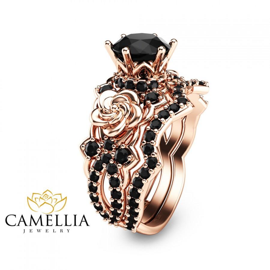 Свадьба - Black Diamond Gold Engagement Ring Set 14K Rose Gold Flower Engagement Rings Unique Natural Black Diamond Rings