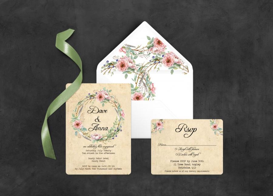Hochzeit - Floral Wreath ~ Vintage Wedding ~ Wreath ~ Vintage Floral Invitation Set ~ Engagement Party ~ Rustic Invite Suite ~ Vinage Invitation Suite