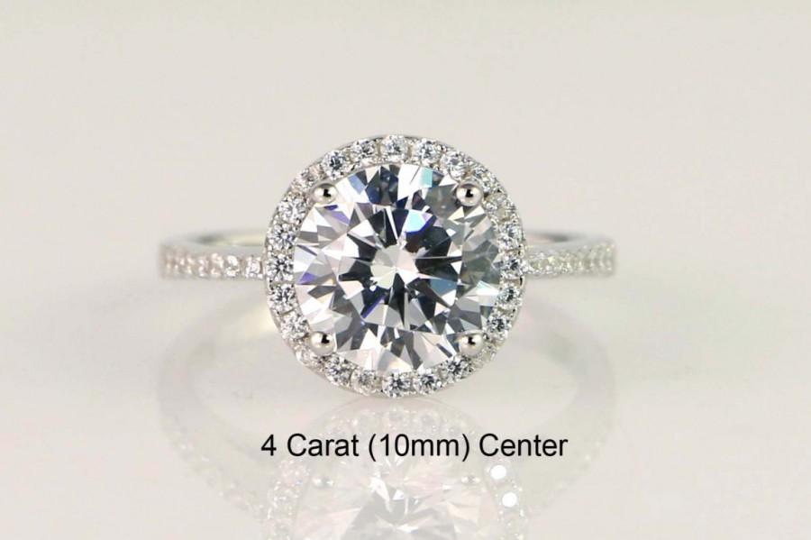 زفاف - 4ct Round Cut Halo Engagement Ring, Solitaire Ring - Wedding Ring, Promoise ring, Sterling Silver, Man Made Diamond Simulants, CZ