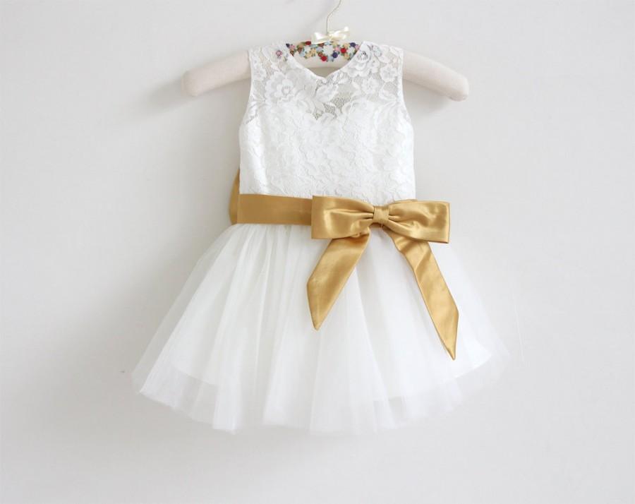 Wedding - Ivory Flower Girl Dress Lace Tulle Flower Girl Dress With Dark Golden Yellow Bows Baby Girls Dress Sleeveless Knee-length