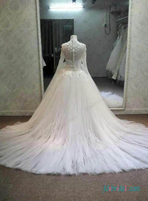 زفاف - Graceful high neck long sleeved lace tulle ball gown wedding dress