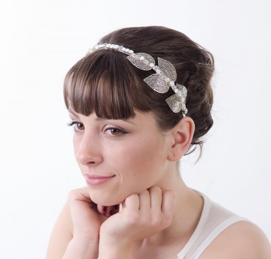 Свадьба - Leaf Crown, Grecian Headband, Silver Metal Leaf and Crystal Tiara, Wedding Headpiece, Tiara for Adults, Leaf Hair Accessory, Bridal Crown