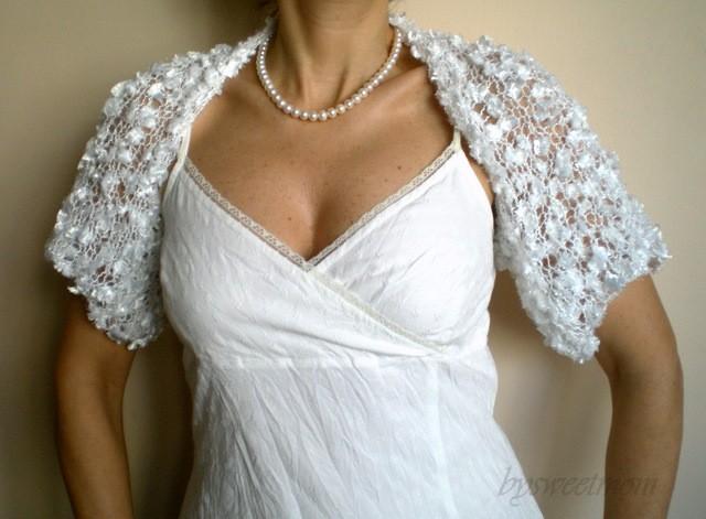 Hochzeit - Bridal Bolero, Wedding Shrug, Wedding Wrap in White with Silky Ribbon Feathered