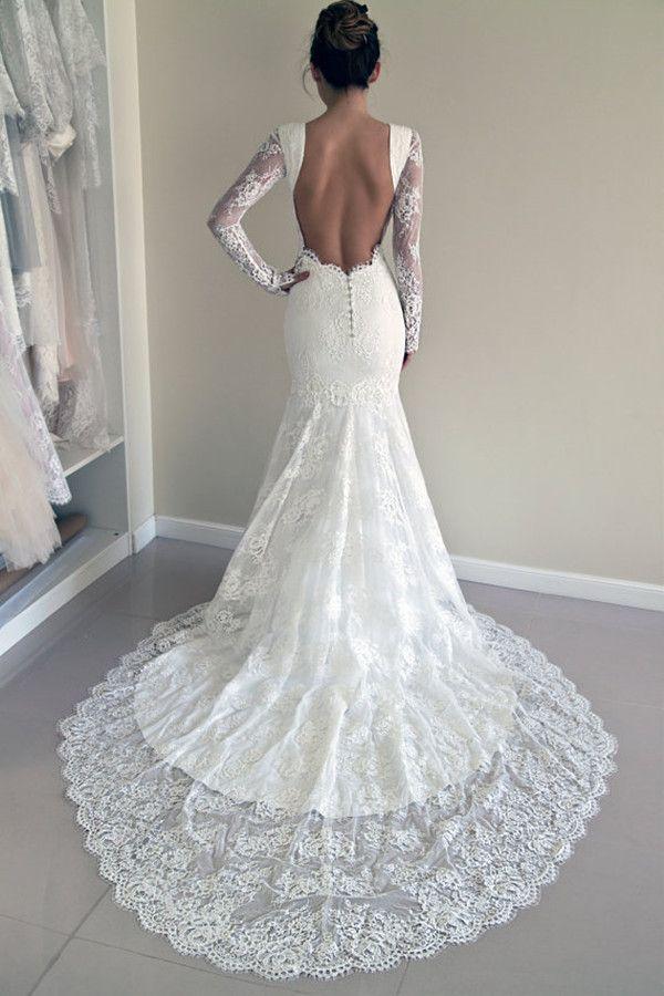 زفاف - High Quality Scoop Open Back Mermaid Wedding Dress With Long Sleeves WD003