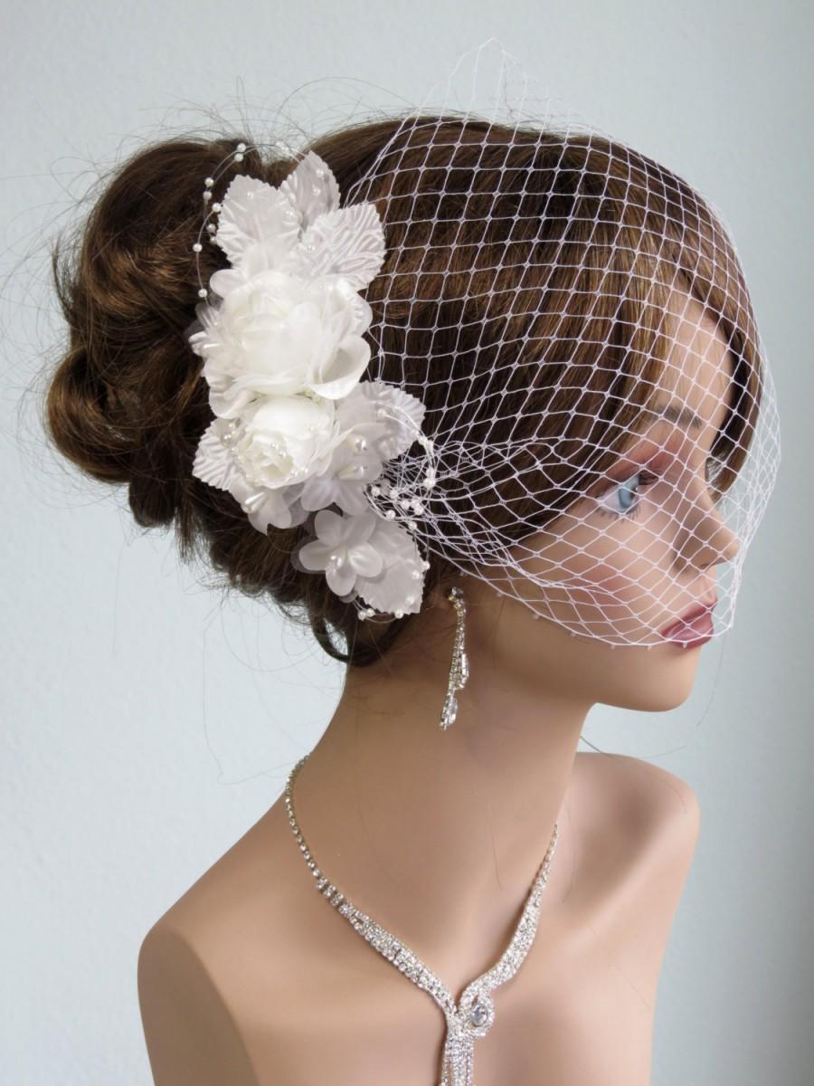 Hochzeit - Wedding Ivory Headpiece with Bridal Birdcage Veil  Fascinator Wedding Hair Clip Wedding Accessory Pearls-Vail