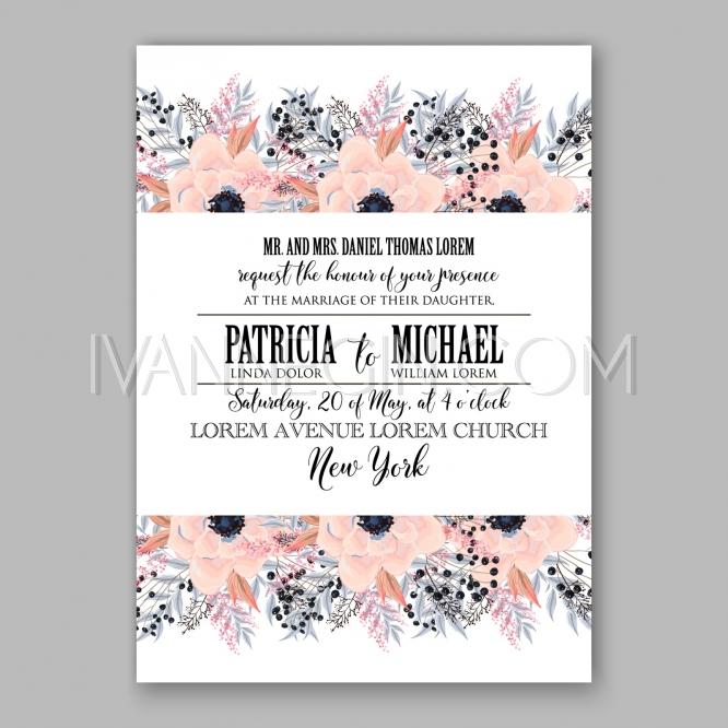 زفاف - Anemone wedding invitation card printable template - Unique vector illustrations, christmas cards, wedding invitations, images and photos by Ivan Negin