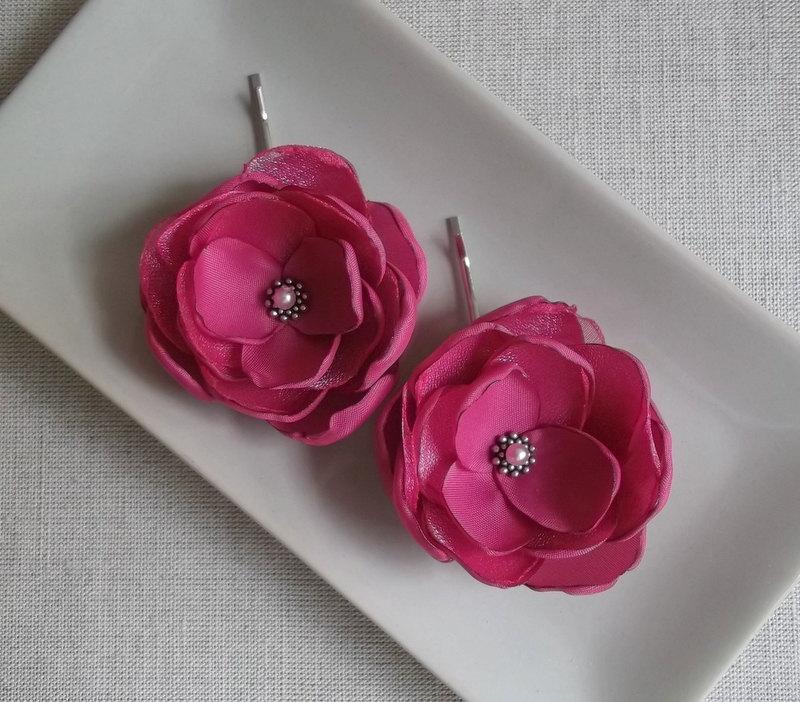 زفاف - Raspberry pink  Fuschia fabric flower Bridesmaids hair accessory shoe clip Ornament Flower girls Bobby Pin Sash dress brooch Birthday Gift