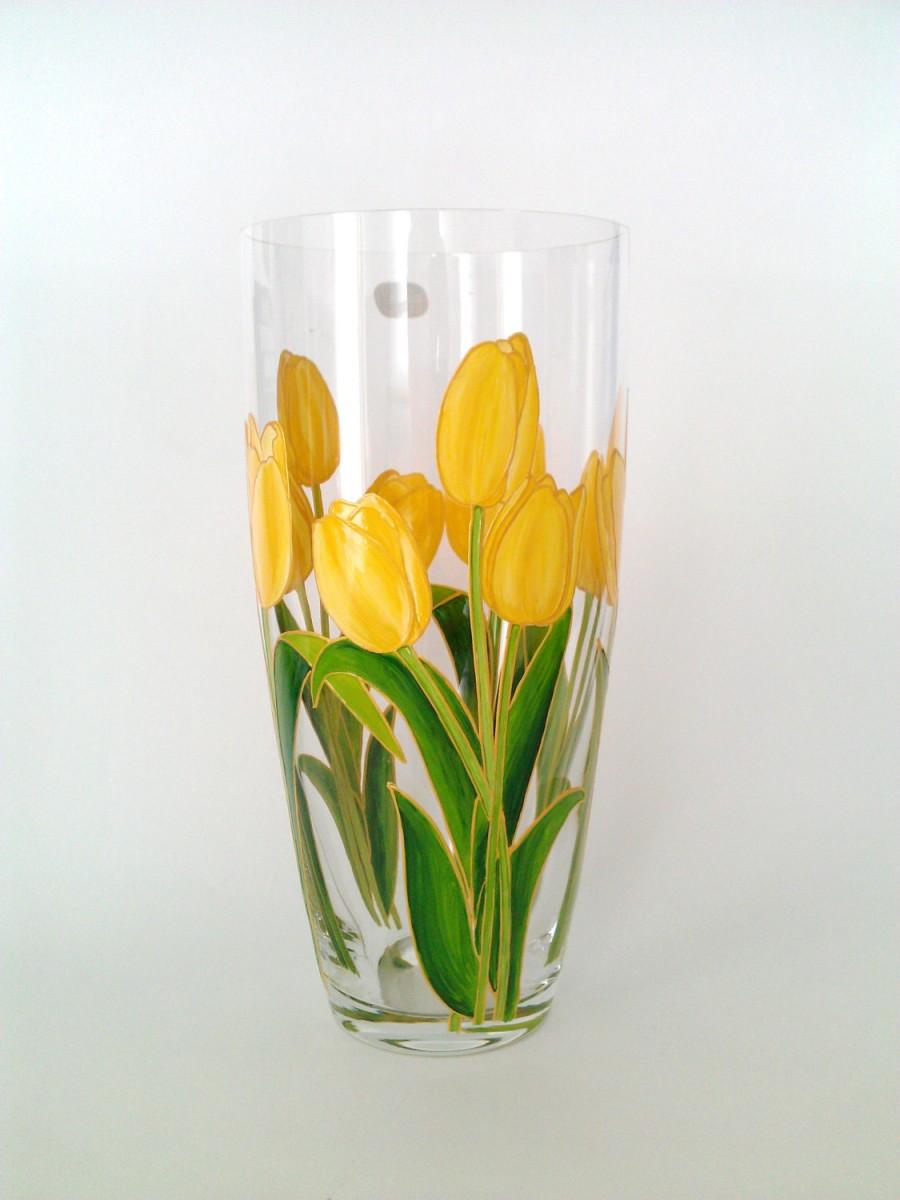 Hochzeit - Wedding Gift for Bride Groom Hand Painted Flower Vase Wedding Centerpiece Anniversary Gift Bohemia Crystal Colorful Vase Yellow Tulip