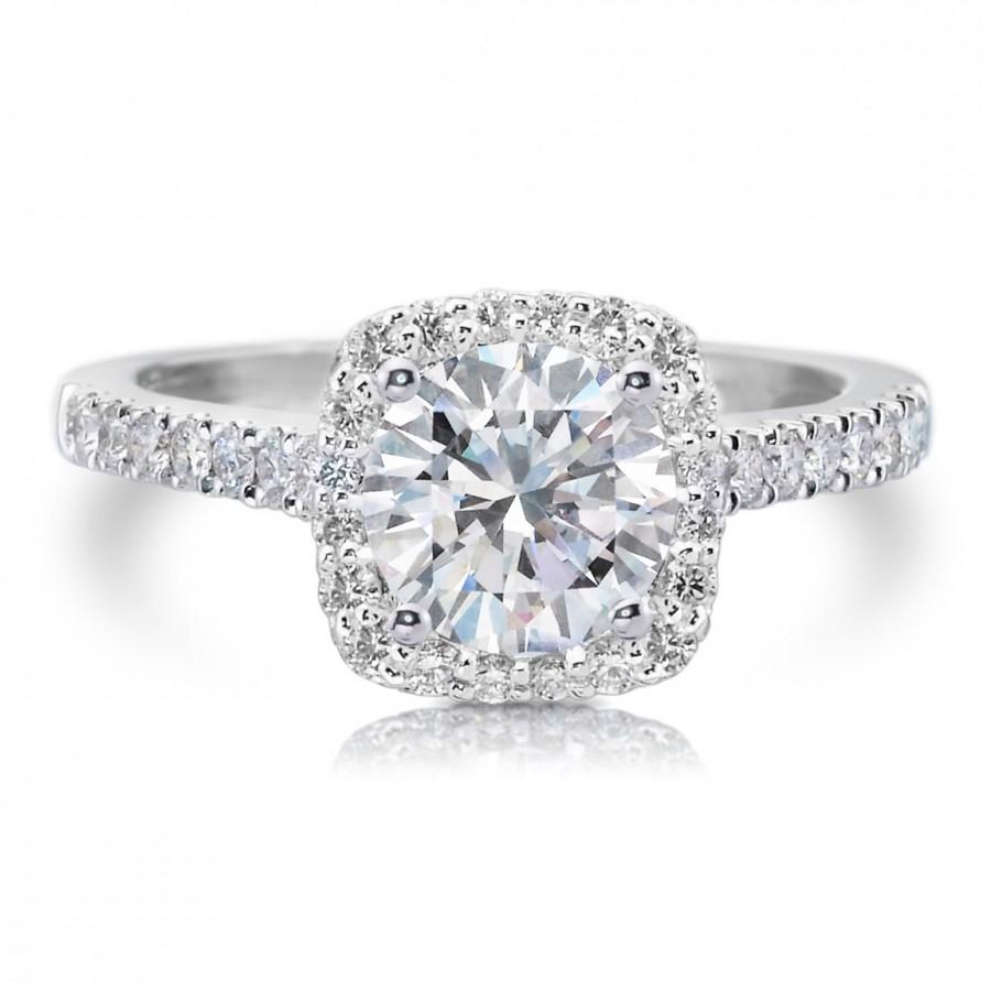 زفاف - Moissanite & Diamond Halo Engagement Ring 18kt White Gold 1.50ct Round Forever Brilliant Center .41ct EFVS2 Natural Diamond Wedding