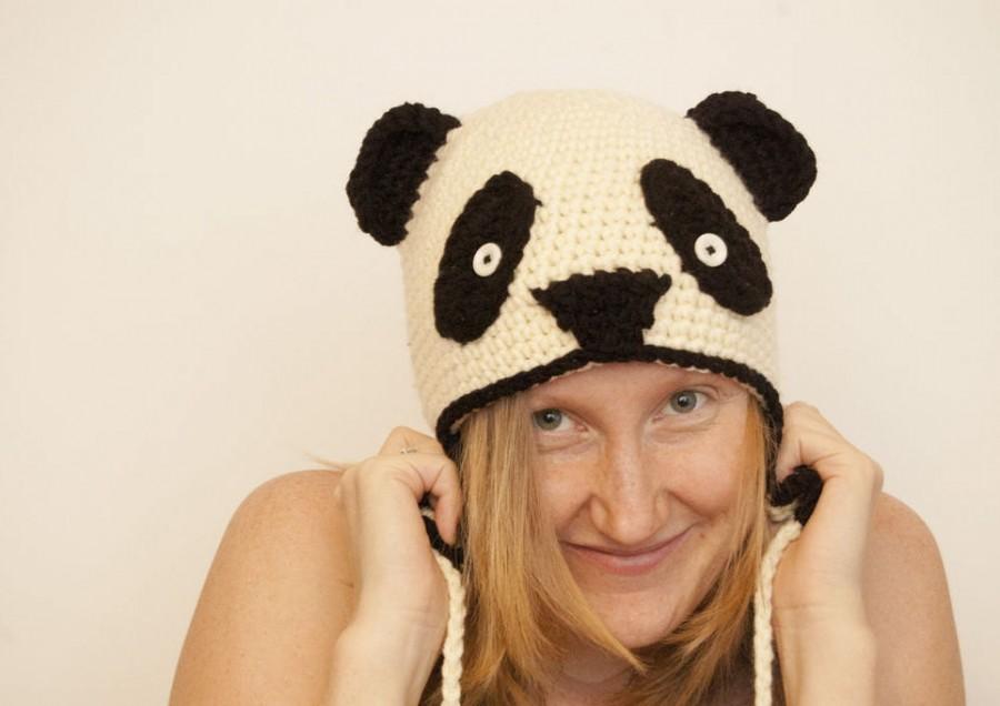 Mariage - Crochet Panda hat, knit ears hat, White Panda hat, gift for her, girlfriend gift, Valentine's Day gift