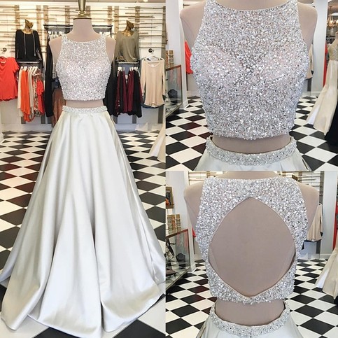 Wedding - Sparkle Two Piece A-Line Ivory Prom Dress - Crew Sleeveless Floor-Length Beading from Dressywomen