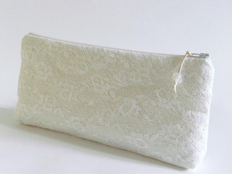 Hochzeit - Wedding Clutch White Lace Roses, Bride To Be Clutch Bag, Cosmetic Purse for Bride