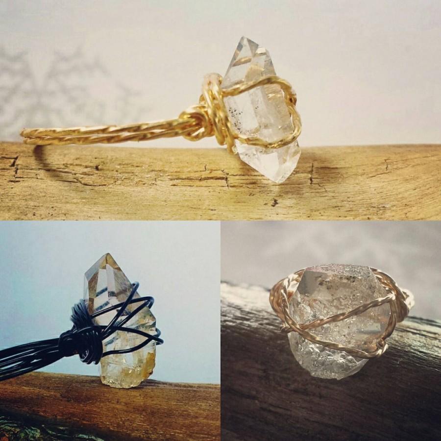 زفاف - Herkimer Diamond Ring, Minimalist Promise Ring, April Birthstone, Unique Engagement Ring, Wire Wrapped Raw Stone Jewellery, Healing Crystals
