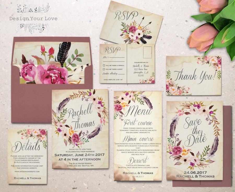 Свадьба - floral wedding invitation set printable boho wedding invitation suite vintage romantic wedding bohemian wedding watercolor floral wreath