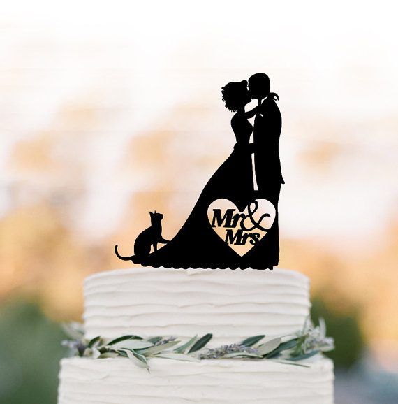 Hochzeit - Bride and groom silhouette cake topper for wedding, cat cake topper, cake topper for birthday, funny wedding cake topper acrylic