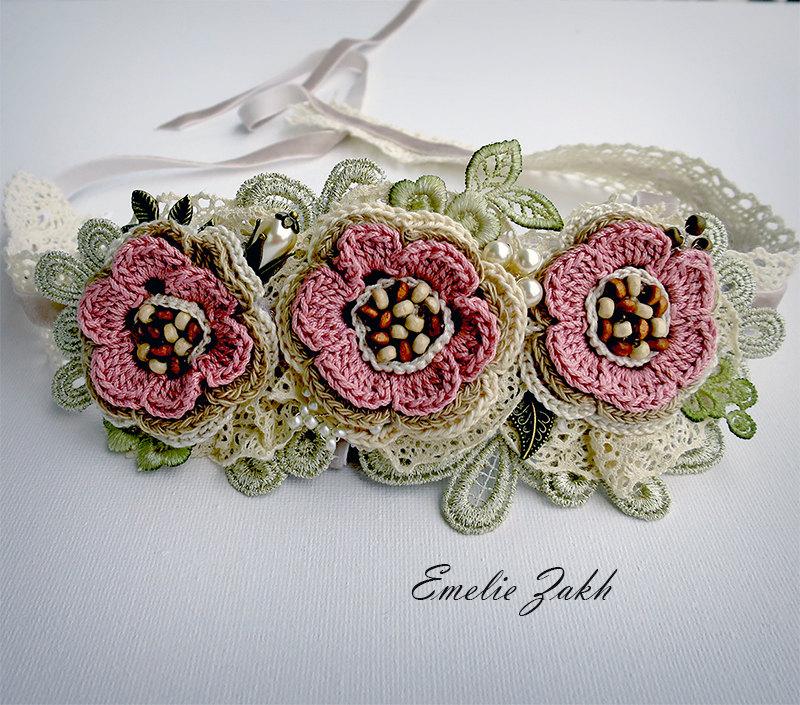 زفاف - Headband jewelry hair  crochet,pink flowers hair accessory Boho ,romantique style  crochet headband,bohemian chic, hair jewelry headband.