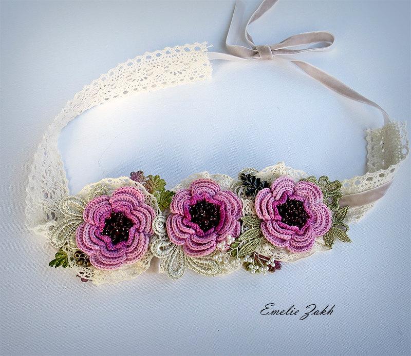 Wedding - Headband jewelry hair  crochet,pink flowers hair accessory Boho ,romantique style  crochet headband,bohemian chic, hair jewelry headband.