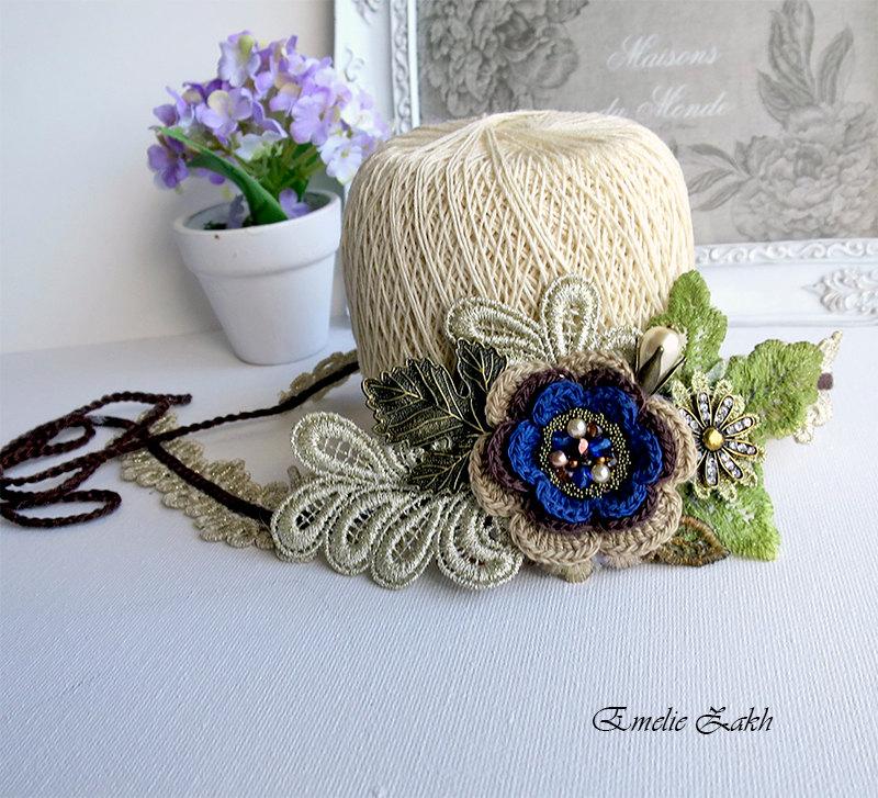 Wedding - Headband jewelry hair  crochet,  blue flowers hair accessory Boho ,romantique style  crochet headband, bohemian chic, hair jewelry headband.