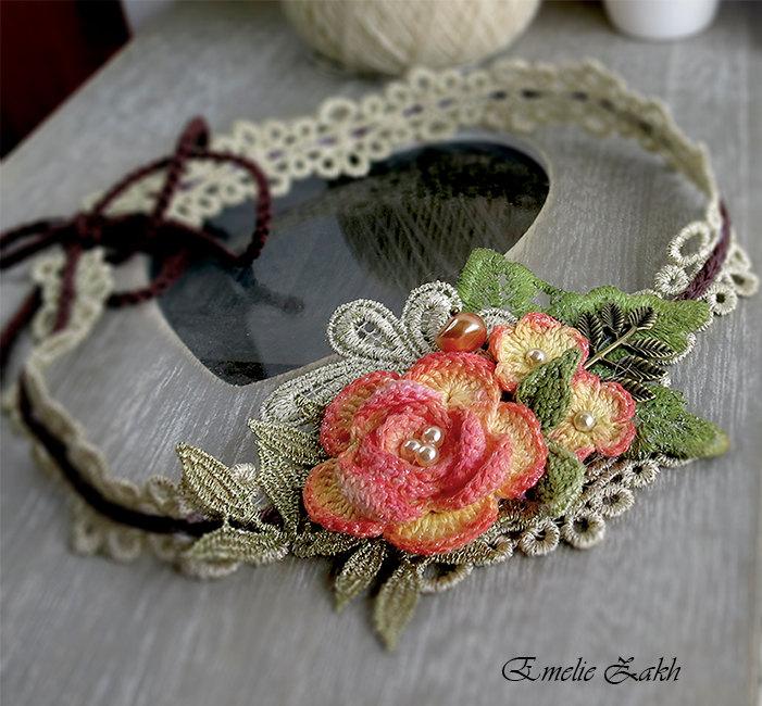 Mariage - Headband jewelry hair  crochet,yellow flowers hair accessory Boho ,romantique style  crochet headband,bohemian chic, hair jewelry headband.