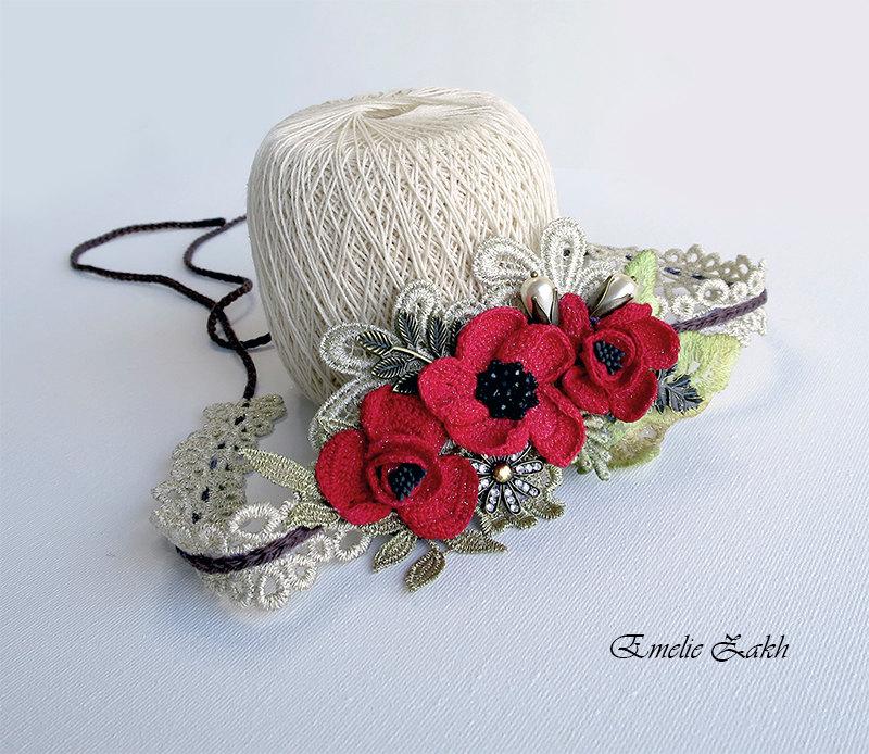 Wedding - Headband jewelry hair  crochet, Red flowers hair accessory Boho ,romantique style  crochet headband, bohemian chic, hair jewelry headband.