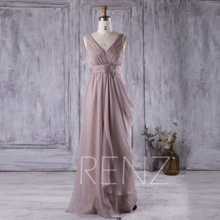 زفاف - 2016 Rose Gray Bridesmaid Dress with Bead, Ruched Draped Chiffon Wedding Dress, V Neck Prom Dress Long, Formal Dress Floor Length (L142)