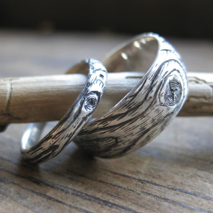 Hochzeit - wood grain wedding ring PLYWOOD sterling silver SET faux bois twig rings made to order