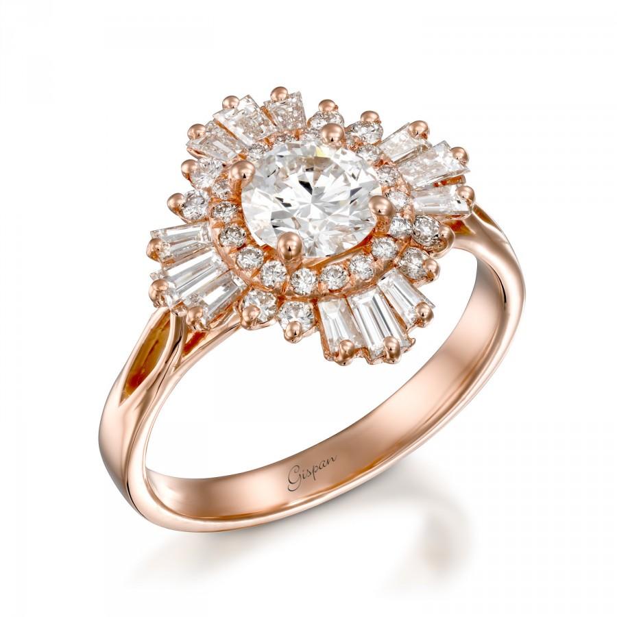 Wedding - Vintage Engagement Ring, Unique Engagement Ring, Baguette diamond ring, Antique Engagement Ring, 18k Rose Gold Ring, Gatsby Ring