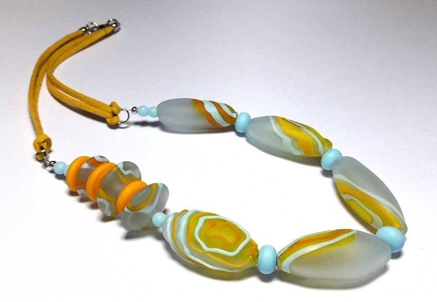 Wedding - Beaded Jewelry Handmade Lampwork Necklace . Frosted beads Hollow balls. Beads blue, sky blue, yellow, lemon.