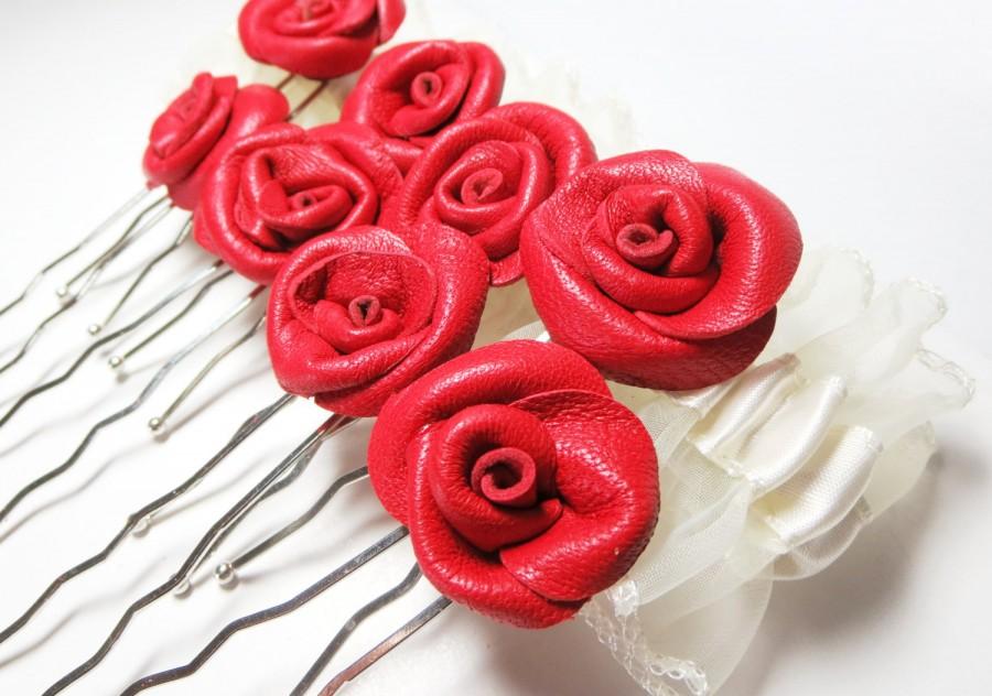 Hochzeit - Red Floral Pin  Rose Wedding Flower head pieces, bobby's, bridesmaids or flower girl accessory Set of 7 Free Shipping