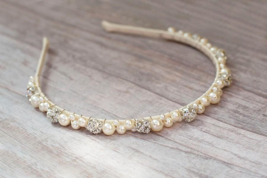Свадьба - Bridal Tiara Headband. Swarovski Pearls Rhinestone Balls. White or Cream/ Ivory Beaded Silver Metal Hair Flower Girl Wedding Accessories