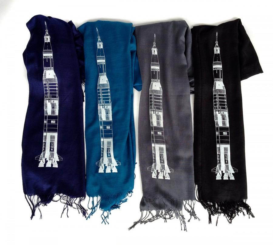 Wedding - Saturn V Scarf. Nasa & space enthusiast rocket scarf. White screen print on a linen weave pashmina. Your choice of scarf colors.