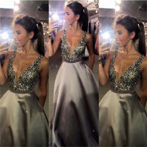 Свадьба - Trendy Silver Prom Dress - V Neck Floor Length Beaded with Pockets from Dressywomen